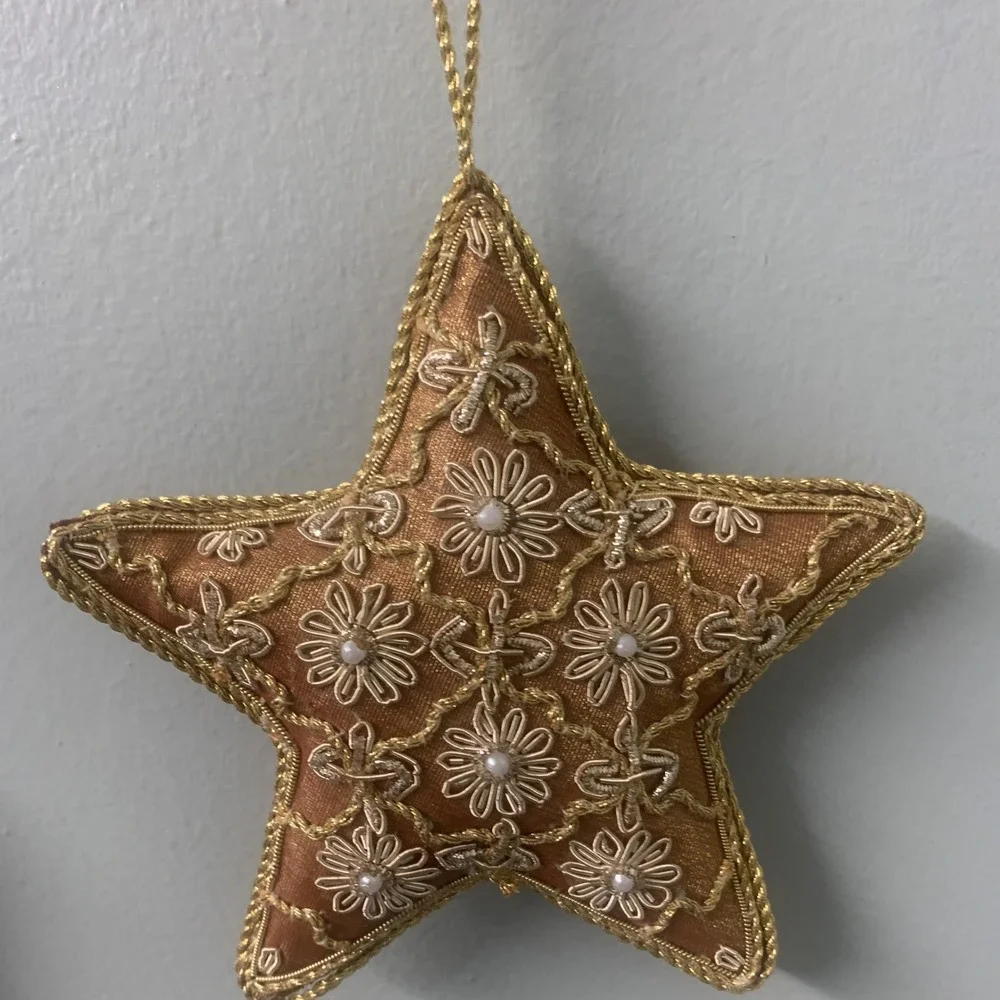Vintage Gold Star Christmas Tree Ornament Beaded Flower Holiday Decoration‎